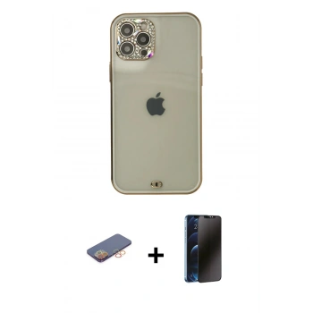 MARSİLYAN™- iPhone 12 Pro Max Kılıf Eksen Minimal Koleksiyonu - Siyah 3D Antistatik Hayalet Cam Ekran Koruyucu + Renkli Kamera Lens Koruma Cam - TU