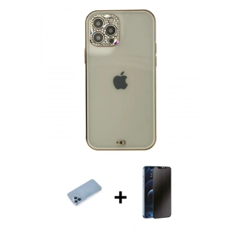 MARSİLYAN™- iPhone 12 Pro Max Kılıf Eksen Minimal Koleksiyonu - Siyah 3D Antistatik Hayalet Cam Ekran Koruyucu + Shine Kamera Lens Koruma Cam - MI