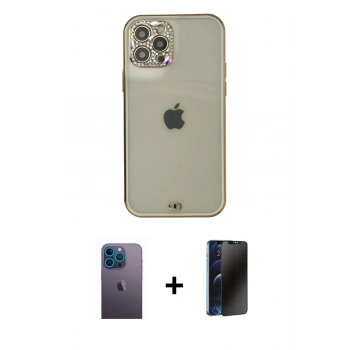 MARSİLYAN™- iPhone 12 Pro Max Kılıf Eksen Minimal Koleksiyonu - Siyah 3D Antistatik Hayalet Cam Ekran Koruyucu + Neon Fosforlu Kamera Lens - MI