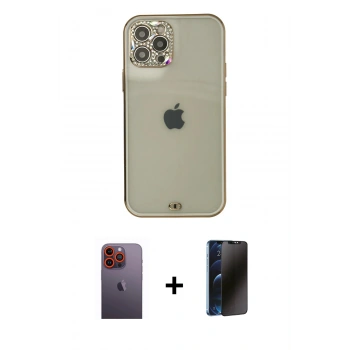 MARSİLYAN™- iPhone 12 Pro Max Kılıf Eksen Minimal Koleksiyonu - Siyah 3D Antistatik Hayalet Cam Ekran Koruyucu + Neon Fosforlu Kamera Lens - TU