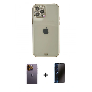 MARSİLYAN™- iPhone 12 Pro Max Kılıf Eksen Minimal Koleksiyonu - Siyah 3D Antistatik Hayalet Cam Ekran Koruyucu + Neon Fosforlu Kamera Lens - SI