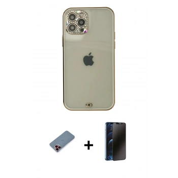 MARSİLYAN™- iPhone 12 Pro Max Kılıf Eksen Minimal Koleksiyonu - Siyah 3D Antistatik Hayalet Cam Ekran Koruyucu + Metal Kamera Lens Koruma Cam - KI