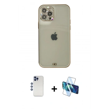MARSİLYAN™- iPhone 12 Pro Max Kılıf Eksen Minimal Koleksiyonu - Siyah 3D Antistatik Seramik Nano Ekran Koruyucu + Shine Kamera Lens - LT