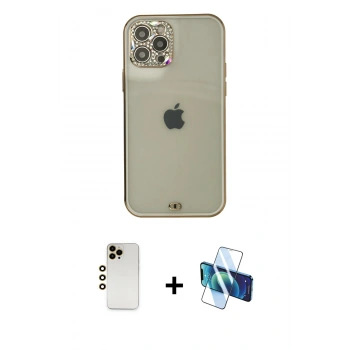 MARSİLYAN™- iPhone 12 Pro Max Kılıf Eksen Minimal Koleksiyonu - Siyah 3D Antistatik Seramik Nano Ekran Koruyucu + Shine Kamera Lens - GD