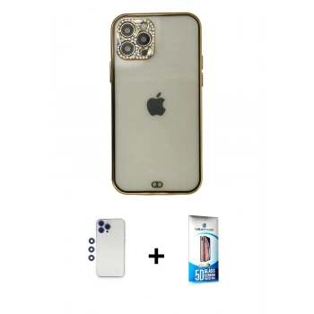 MARSİLYAN™- iPhone 12 Pro Max Kılıf Eksen Minimal Koleksiyonu - Siyah 5D Eko Cam Ekran Koruyucu + Shine Kamera Lens - LT