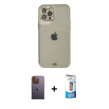 MARSİLYAN™- iPhone 12 Pro Max Kılıf Eksen Minimal Koleksiyonu - Siyah 5D Eko Cam Ekran Koruyucu + Neon Fosforlu Kamera Lens - SI