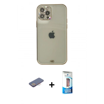 MARSİLYAN™- iPhone 12 Pro Max Kılıf Eksen Minimal Koleksiyonu - Siyah 5D Eko Cam Ekran Koruyucu + Renkli Kamera Lens Koruma Cam - PE
