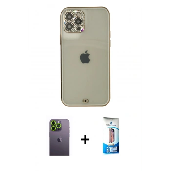 MARSİLYAN™- iPhone 12 Pro Max Kılıf Eksen Minimal Koleksiyonu - Siyah 5D Eko Cam Ekran Koruyucu + Neon Fosforlu Kamera Lens - YL
