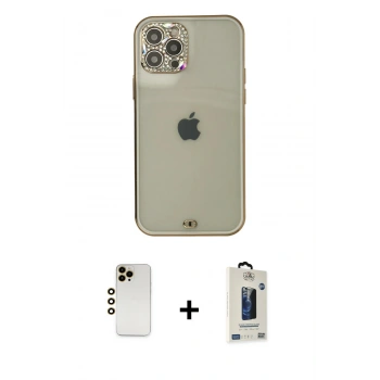 MARSİLYAN™- iPhone 12 Pro Max Kılıf Eksen Minimal Koleksiyonu - Siyah Bilvis Hayalet Cam Ekran Koruyucu + Shine Kamera Lens - GD
