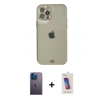 MARSİLYAN™- iPhone 12 Pro Max Kılıf Eksen Minimal Koleksiyonu - Siyah Joko 5D Cam + Neon Fosforlu Kamera Lens - MI