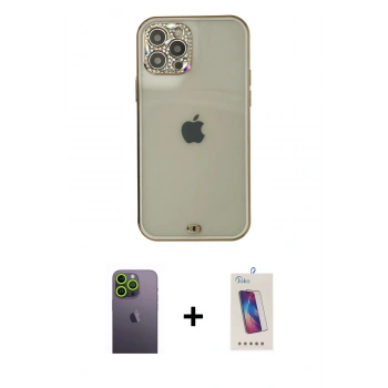 MARSİLYAN™- iPhone 12 Pro Max Kılıf Eksen Minimal Koleksiyonu - Siyah Joko 5D Cam + Neon Fosforlu Kamera Lens - YL