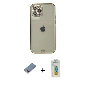 MARSİLYAN™- iPhone 12 Pro Max Kılıf Eksen Minimal Koleksiyonu - Siyah Polymer Nano Ekran Koruyucu + Metal Kamera Lens Koruma Cam - KI