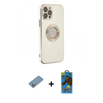 MARSİLYAN™- iPhone 12 Pro Max Kılıf İz Form Serisi - Siyah 18D Cam Ekran Koruyucu + Shine Kamera Lens Koruma Cam - GI