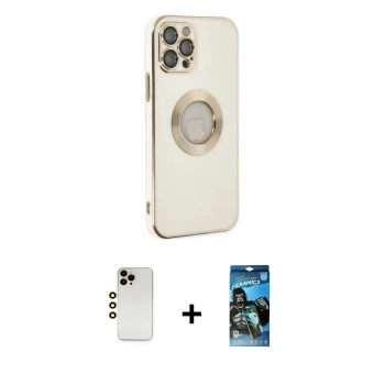 MARSİLYAN™- iPhone 12 Pro Max Kılıf İz Form Serisi - Siyah 34D Izgaralı Cam + Shine Kamera Lens - GD