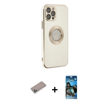 MARSİLYAN™- iPhone 12 Pro Max Kılıf İz Form Serisi - Siyah 34D Izgaralı Cam + Shine Kamera Lens Koruma Cam - SABE