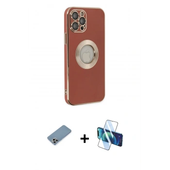 MARSİLYAN™- iPhone 12 Pro Max Kılıf İz Form Serisi - Siyah 3D Antistatik Cam Ekran Koruyucu + Shine Kamera Lens Koruma Cam - GI