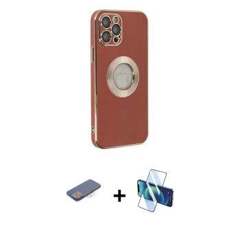 MARSİLYAN™- iPhone 12 Pro Max Kılıf İz Form Serisi - Siyah 3D Antistatik Cam Ekran Koruyucu + Renkli Kamera Lens Koruma Cam - PE