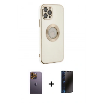 MARSİLYAN™- iPhone 12 Pro Max Kılıf İz Form Serisi - Siyah 3D Antistatik Hayalet Cam Ekran Koruyucu + Neon Fosforlu Kamera Lens - SI