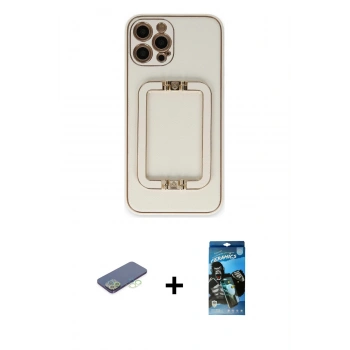 MARSİLYAN™- iPhone 12 Pro Max Kılıf Kozmos Minimal Prime - Siyah 34D Izgaralı Cam + Renkli Kamera Lens Koruma Cam - YL