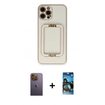 MARSİLYAN™- iPhone 12 Pro Max Kılıf Kozmos Minimal Prime - Siyah 34D Izgaralı Cam + Neon Fosforlu Kamera Lens - SI