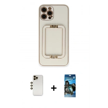 MARSİLYAN™- iPhone 12 Pro Max Kılıf Kozmos Minimal Prime - Siyah 34D Izgaralı Cam + Shine Kamera Lens - GD