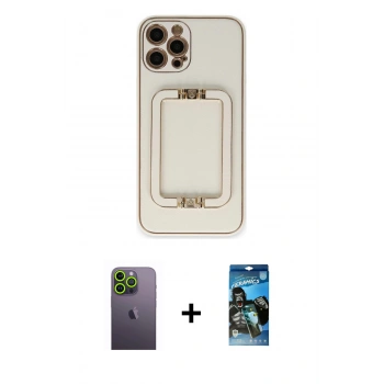 MARSİLYAN™- iPhone 12 Pro Max Kılıf Kozmos Minimal Prime - Siyah 34D Izgaralı Cam + Neon Fosforlu Kamera Lens - YL