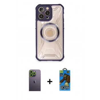 MARSİLYAN™- iPhone 12 Pro Max Kılıf Kutup Modern - Siyah 18D Cam Ekran Koruyucu + Neon Fosforlu Kamera Lens - YL