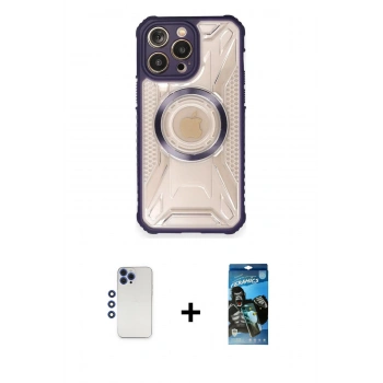 MARSİLYAN™- iPhone 12 Pro Max Kılıf Kutup Modern - Siyah 34D Izgaralı Cam + Shine Kamera Lens - LT
