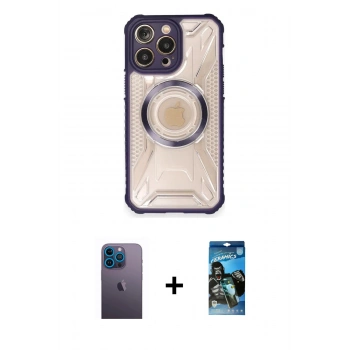 MARSİLYAN™- iPhone 12 Pro Max Kılıf Kutup Modern - Siyah 34D Izgaralı Cam + Neon Fosforlu Kamera Lens - MI
