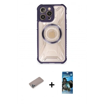 MARSİLYAN™- iPhone 12 Pro Max Kılıf Kutup Modern - Siyah 34D Izgaralı Cam + Shine Kamera Lens Koruma Cam - SABE