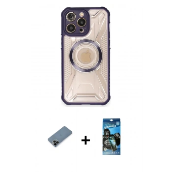 MARSİLYAN™- iPhone 12 Pro Max Kılıf Kutup Modern - Siyah 34D Izgaralı Cam + Shine Kamera Lens Koruma Cam - SH