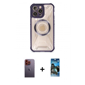 MARSİLYAN™- iPhone 12 Pro Max Kılıf Kutup Modern - Siyah 34D Izgaralı Cam + Neon Fosforlu Kamera Lens - TU