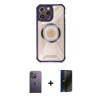MARSİLYAN™- iPhone 12 Pro Max Kılıf Kutup Modern - Siyah 3D Antistatik Hayalet Cam Ekran Koruyucu + Neon Fosforlu Kamera Lens - BZ
