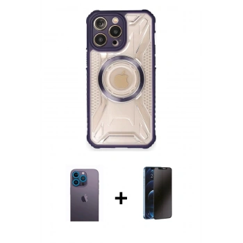 MARSİLYAN™- iPhone 12 Pro Max Kılıf Kutup Modern - Siyah 3D Antistatik Hayalet Cam Ekran Koruyucu + Neon Fosforlu Kamera Lens - MI