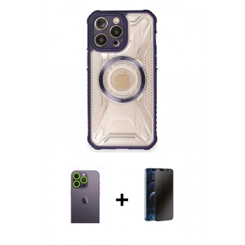 MARSİLYAN™- iPhone 12 Pro Max Kılıf Kutup Modern - Siyah 3D Antistatik Hayalet Cam Ekran Koruyucu + Neon Fosforlu Kamera Lens - YL