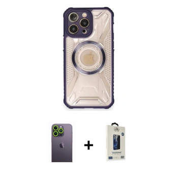 MARSİLYAN™- iPhone 12 Pro Max Kılıf Kutup Modern - Siyah Bilvis Hayalet Cam Ekran Koruyucu + Neon Fosforlu Kamera Lens - YL