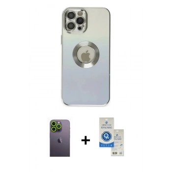 MARSİLYAN™- iPhone 12 Pro Max Kılıf Kutup Yansıma Özel Seri - Şeffaf Royal Nano Ekran Koruyucu + Neon Fosforlu Kamera Lens - YL
