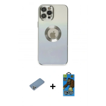 MARSİLYAN™- iPhone 12 Pro Max Kılıf Kutup Yansıma Özel Seri - Siyah 18D Cam Ekran Koruyucu + Shine Kamera Lens Koruma Cam - GS