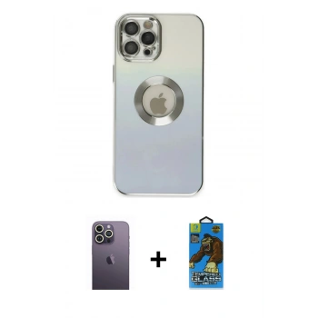 MARSİLYAN™- iPhone 12 Pro Max Kılıf Kutup Yansıma Özel Seri - Siyah 18D Cam Ekran Koruyucu + Neon Fosforlu Kamera Lens - BZ