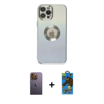 MARSİLYAN™- iPhone 12 Pro Max Kılıf Kutup Yansıma Özel Seri - Siyah 18D Cam Ekran Koruyucu + Neon Fosforlu Kamera Lens - SI