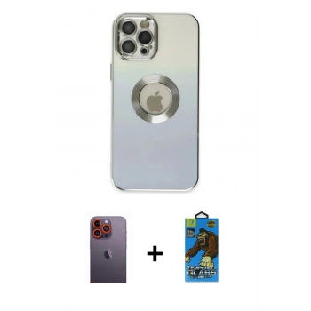 MARSİLYAN™- iPhone 12 Pro Max Kılıf Kutup Yansıma Özel Seri - Siyah 18D Cam Ekran Koruyucu + Neon Fosforlu Kamera Lens - TU