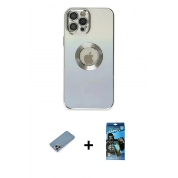 MARSİLYAN™- iPhone 12 Pro Max Kılıf Kutup Yansıma Özel Seri - Siyah 34D Izgaralı Cam + Shine Kamera Lens Koruma Cam - GI