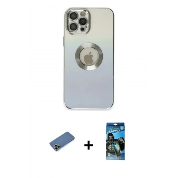 MARSİLYAN™- iPhone 12 Pro Max Kılıf Kutup Yansıma Özel Seri - Siyah 34D Izgaralı Cam + Shine Kamera Lens Koruma Cam - GD