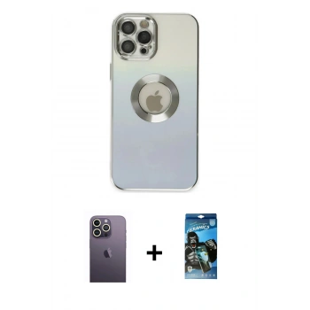 MARSİLYAN™- iPhone 12 Pro Max Kılıf Kutup Yansıma Özel Seri - Siyah 34D Izgaralı Cam + Neon Fosforlu Kamera Lens - BZ