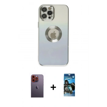 MARSİLYAN™- iPhone 12 Pro Max Kılıf Kutup Yansıma Özel Seri - Siyah 34D Izgaralı Cam + Neon Fosforlu Kamera Lens - TU