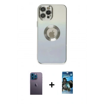 MARSİLYAN™- iPhone 12 Pro Max Kılıf Kutup Yansıma Özel Seri - Siyah 34D Izgaralı Cam + Neon Fosforlu Kamera Lens - MI