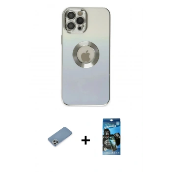 MARSİLYAN™- iPhone 12 Pro Max Kılıf Kutup Yansıma Özel Seri - Siyah 34D Izgaralı Cam + Shine Kamera Lens Koruma Cam - GS
