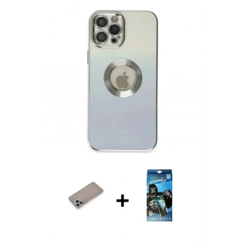 MARSİLYAN™- iPhone 12 Pro Max Kılıf Kutup Yansıma Özel Seri - Siyah 34D Izgaralı Cam + Shine Kamera Lens Koruma Cam - SABE