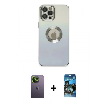 MARSİLYAN™- iPhone 12 Pro Max Kılıf Kutup Yansıma Özel Seri - Siyah 34D Izgaralı Cam + Neon Fosforlu Kamera Lens - YL