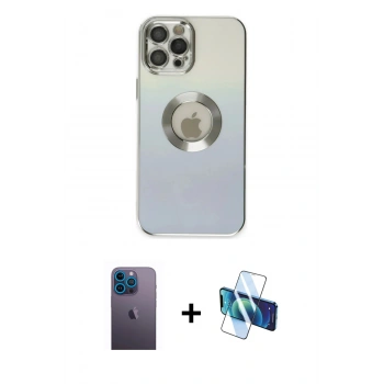 MARSİLYAN™- iPhone 12 Pro Max Kılıf Kutup Yansıma Özel Seri - Siyah 3D Antistatik Cam Ekran Koruyucu + Neon Fosforlu Kamera Lens - MI